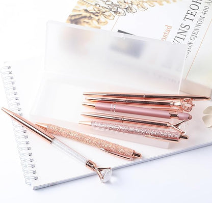 amassan 7Pcs Ballpoint Pens Set, Cute Pens with Crystal Diamond for Journaling, Black Ink Pen Gifts for Wedding Office Desk Supplies, Sand Glitter Pen for Women Office Decor