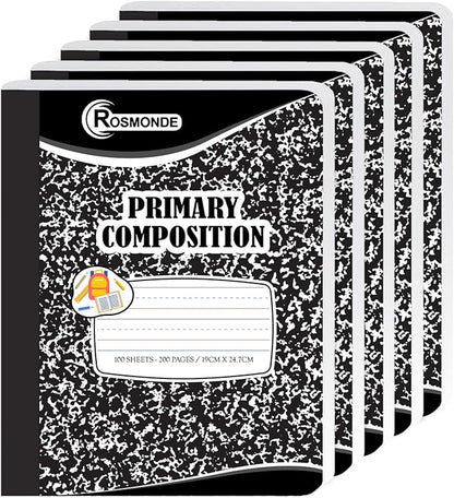 5 Pack Primary Composition Notebooks, 200 Pages (100 Sheets), Primary Ruled Composition Notebook for Kids, 9-3/4" x 7-1/2", Grades K-2 Writing Workbook, Writing Dotted Lined, Black Marble