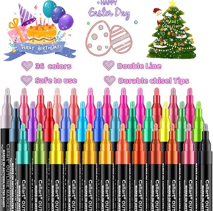 Caliart Easter Basket Stuffers, 36-Color Shimmer Double-Line Drawing Doodle Outline Markers, Teen Girl Gifts Trendy Stuff, Glitter Pens Set Classroom Art Supplies for 4-6-8-10-12 Year Old