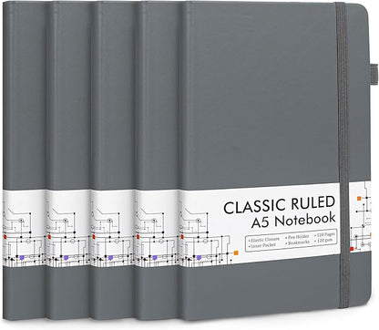 feela 5 Pack Journal Notebook Bulk for School, Hardcover Business Notebooks Classic Ruled Lined Journals with Pen Holder for Work Note Taking, with 5 Black Pens, 120 GSM, 5.1”x8.3”, A5, Gray