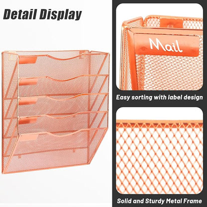 EASEPRES 5 Pocket Mesh Hanging Wall File Organizer, Wall Mounted Mail Paper Document Folder Holder, Clipboard Storage Organization Magazine Rack with Nametag Label for Office Home School, Rose Gold