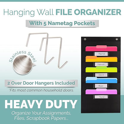 Hippo Creation Heavy Duty Storage Pocket Chart for Classroom, 5 Pocket Storage Organizer with 2 Over-Door Hangers, Hanging Wall Organizer for File Folders, School Mailbox, Home Office Papers - Black