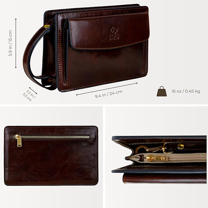 Time Resistance Leather Clutch for Men Organizer Wrist Bag Briefcase Handmade in Italy Gift Box Included