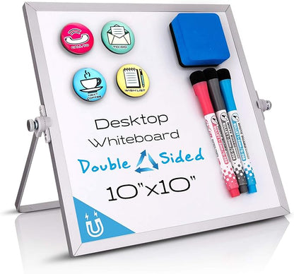 Small White Board 10"X10" - Desktop Dry Erase Whiteboard with Stand, 3 Markers, 4 Magnets & Eraser - Tabletop Double-Sided Portable Mini White Board Easel for Office Desk, Kids Home School Students