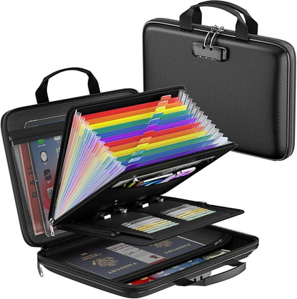 Accordion File Organizer,Fireproof Document Box with Lock,Large 13 Pocket Expanding File Folder,Hard-Shell Portable Safe Storage for Letter/Legal Document,Laptop,Valuables-Black