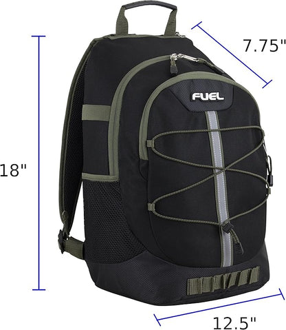 FUEL Hiking Backpack for Women Men Terra Sport, Travel, College, Gym, Work with Laptop Sleeve, Bungee, 18 Inches, Black