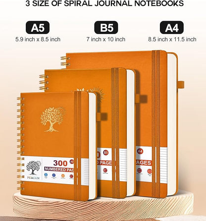 Spiral Notebook Journal for Women Men, 300 Numbered Lined Pages, College Ruled, A5 Hardcover Spiral Bound Notebook for School, Work, Note Taking Writing, Leather Spiral Journal Medium 5.9"x8.5"