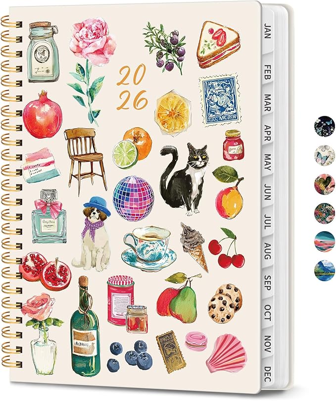 2026 Planner, Weekly and Monthly Planner for Women, January 2026 to December 2026, Pretty Hardcover 2026 Calendar Planner Book with Tabs, Inner Pocket, Spiral Bound, Perfect Office Home School Supplies - 6.3" x 8.5", Whimsical Bits
