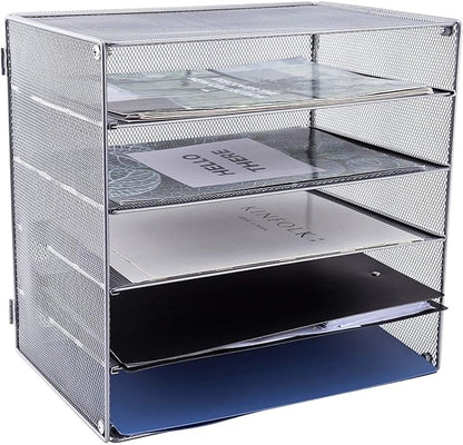 EASEPRES 5 Slot Mesh Desk Organizer Tray, File Paper Letter Folder Holder Desktop Paper Sorter Mail Organization Rack Storage Accessories, for Office Home School Classroom, Silver, 2 Pack