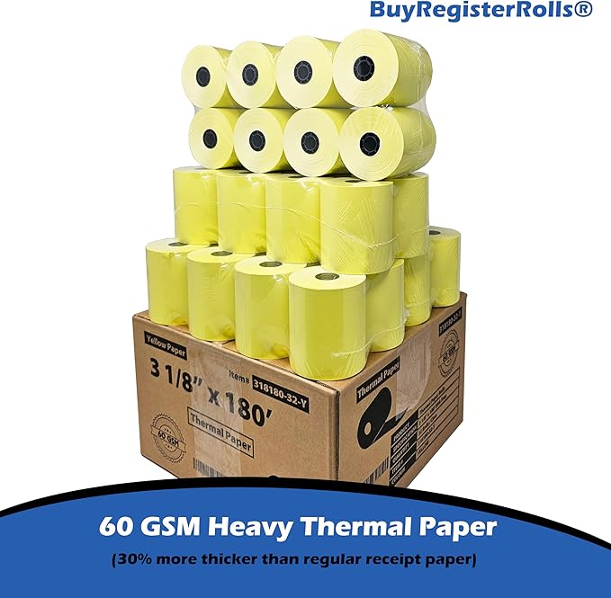 (32 Rolls) 3 1/8 x 180 Yellow Thermal Paper Receipt Rolls (60 GSM Paper Thickness) fits all Clover POS Cash Register Printers, Yellow Thermal Paper from BuyRegisterRolls