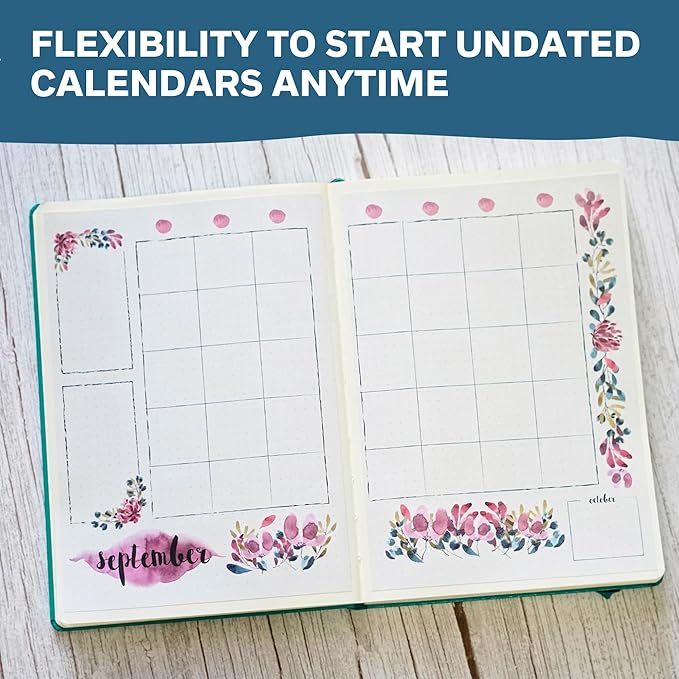 Undated Monthly Calendar Planner Stickers Compatible with A5 Bullet Dot Grid Journals (5.3 x 7.7") - 12-Month Calendars Cute Floral Illustrations, Flower Journal Supplies, Templates, Agenda Layouts