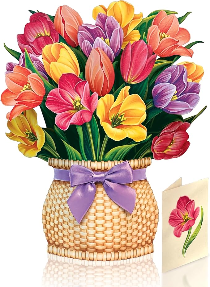 Freshcut Paper Pop Up Cards, Festive Tulips, 12 Inch Life Sized Forever Flower Bouquet 3D Popup Greeting Card, Birthday Cards, Thank You Card, Blank Notecard & Envelope