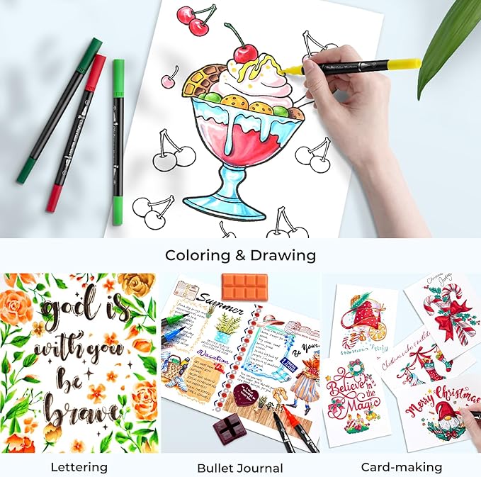 Ohuhu Markers for Adult Coloring Books: 120 Colors Brush Pens Dual Brush Fine Tip Drawing Pens Water-Based Coloring Markers for Calligraphy Bullet Journal with Carrying Case - Maui - Black