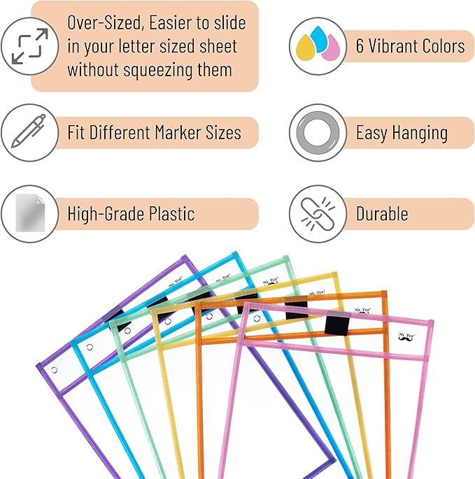 Mr. Pen- Dry Erase Pocket Sleeves, 10 x 14 Inch, 6 Pack, Pastel Colors, Plastic Sleeves, Dry Erase Pockets Reusable Sleeves, Dry Erase Sleeves, Clear Pocket Sleeves, Classroom Sleeves
