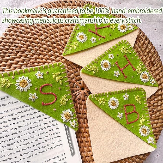 Personalized Hand Embroidered Corner Bookmark, Bookmarks for Women, Personalized Bookmark for Book Lovers, Cute Flower Book Mark by HNQCPCVU (Y, Green)