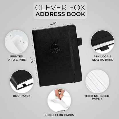 Clever Fox Address Book with alphabetic tabs - PU Leather Telephone and Address Book for Keeping Contacts Safe, Contact Organizer Journal, Small Size (4.0″ x 5.5″), Hardcover, Black