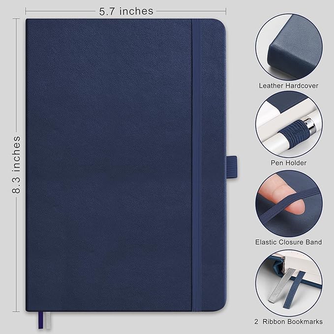 RETTACY Journaling Notebooks, A5 Lined Journal Notebook with 192 Numbered Pages, 5.7'' × 8.3'' Medium Size, for Writing, Work, Office, Leather Hardcover, 100 GSM Thick Paper (Navy Blue)