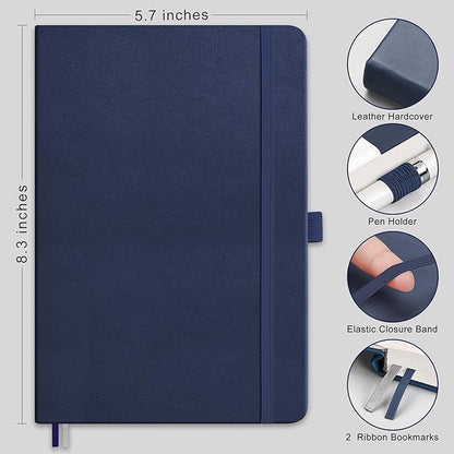 RETTACY Journaling Notebooks, A5 Lined Journal Notebook with 192 Numbered Pages, 5.7'' × 8.3'' Medium Size, for Writing, Work, Office, Leather Hardcover, 100 GSM Thick Paper (Navy Blue)