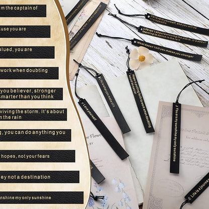 Roowest 20 Pcs Motivational Leather Bookmarks Inspirational Leather Page Markers Book Marks for Book Lovers Black Bookmark for Reading Readers Bookworm Book Lovers Writers Women Men Gift Party Favor
