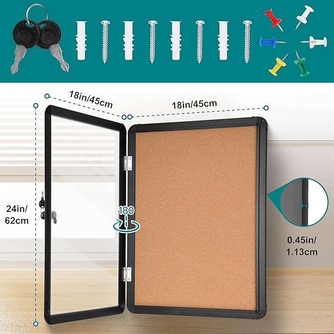 Magula 24"x18" Enclosed Cork Bulletin Board Tamper-Proof Dispaly Case, Black Aluminium Frame, Shatter Resistant Lockable Bulletin Board, Enclosed Cork Board for School, Office,Commercial,Hospital etc