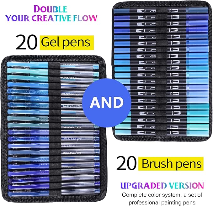 80 Pack Blue Drawing Pen Set,20 Color Double Tip Brush Pens 20 Color Gel Pens with 40 Refills for Adult Book Drawing Art Craft Kit
