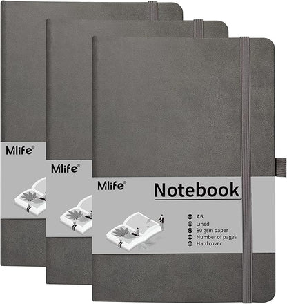 Mlife A6 Small Journal Notebook, Lined Pocket Notebook with Pen Holder, Mini Notebook Hardcover, 192 Pages, 3.9 inches * 5.5 inches Jurnal for Women and Man (3Pack Grey)