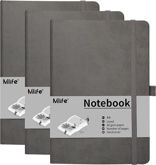 Mlife A6 Small Journal Notebook, Lined Pocket Notebook with Pen Holder, Mini Notebook Hardcover, 192 Pages, 3.9 inches * 5.5 inches Jurnal for Women and Man (3Pack Grey)