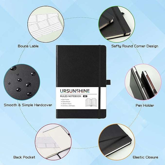 Ruled Notebook/Journal - Classic Lined Journal/Notebook, 5.3" x 8.26", Hardcover with Thick Paper, Banded + Pen Holder +Inner Pocket - Black