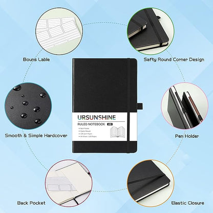 Ruled Notebook/Journal - Classic Lined Journal/Notebook, 5.3" x 8.26", Hardcover with Thick Paper, Banded + Pen Holder +Inner Pocket - Black