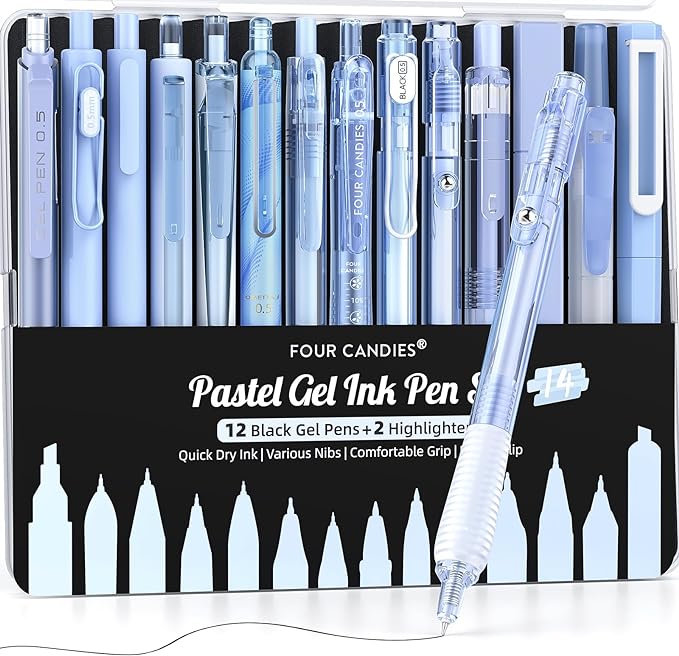 Four Candies 14Pack Pastel Gel Ink Pen Set,Cute Retractable 0.5mm Fine Point Pen,Note Taking Aesthetic Pens,12 Pack Black Ink Pens with 2Pack Highlighter, Smooth Writing Pens for School, Office (Blue)
