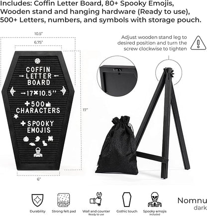 Coffin Letter Board Black With Spooky & Seasonal Emojis +550 Characters, Wooden Stand - 17x10.5 Inches - Coffin Shaped Goth Decor Sign Witchy Halloween Decorations Gothic Decor Birthday Wedding Home Spooky Gifts