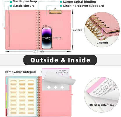 Ospelelf Pink Foldable Spiral Clipboard Folio with Storage Zipper Pouch, 5 Plastic Folders with 10 Pockets,Refillable Lined Notepad (11" x 8.5"), Hardcover Project Organizer with 39 Stickers