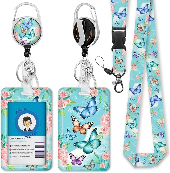 GIANCOMICS ID Badge Holder with Breakaway Lanyard, Cute Butterfly Lanyards for ID Badges ID Card Holder, Retractable Badge Reel Clips Heavy Duty Keychain Badge Lanyard, Teacher Nurse Work Office Gifts