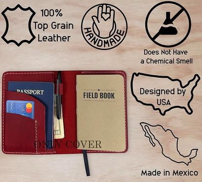 Leather Cover for Field Notes, Passport Cover, Leather Notebook Cover for 3.5" x 5.5" with Pen Holder, Only Cover (Red)