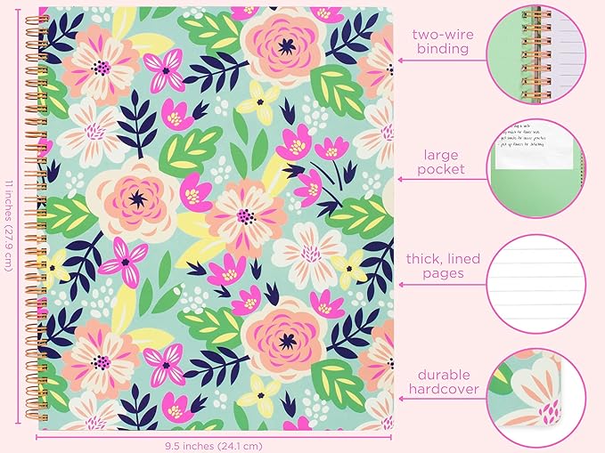 Steel Mill & Co Cute Large Spiral Notebook College Ruled, 11" x 9.5" with Durable Hardcover and 160 Lined Pages, Mint Floral