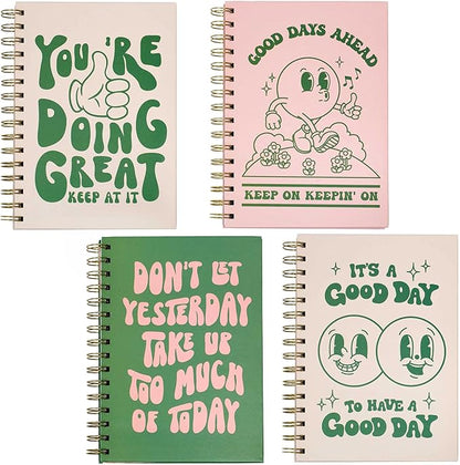 Pink Green Aesthetic Hardcover Notebooks for Work, A5 size 5.8 x 8.3 inch, Cute Notebooks for School 4 Pack, Retro Notebooks College Ruled, Cute Spiral Journal for Women, Kids Back to School Notebook
