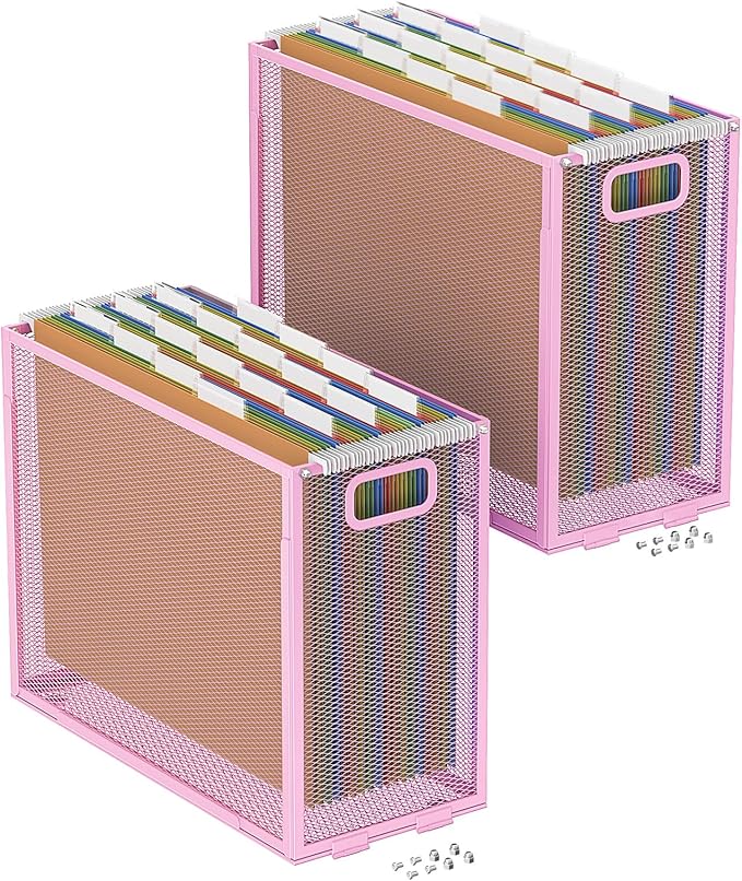 Oterri Hanging File Organizer, Metal File Organizer, Portable Desktop File Organizer for Letter Size Folder, Mesh Hanging File Crate for Office,Folders Not Included(Fairy Pink,2 Pack)