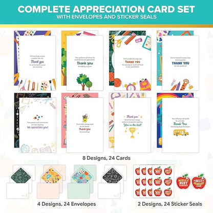 Decorably 24 Pack 4x6in Teacher Appreciation Cards with Envelopes and Stickers, 8 Colorful Designs Teacher Thank You Cards from Students with Printed Message Inside