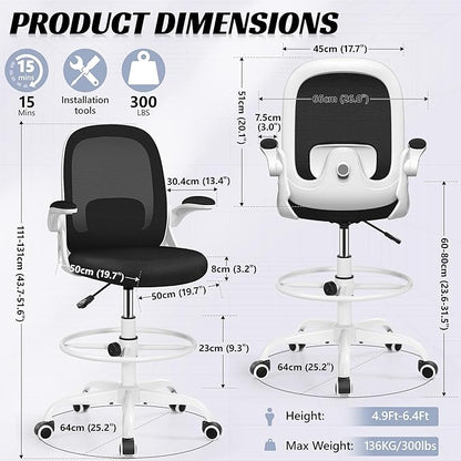 Drafting Chair, Tall Office Chair Ergonomic Standing Desk Chair,with Adjustable Footrest Ring, 3D Lumbar Support, Flip-up Armrests, Swivel Desk Stool for Drawing Working (White)