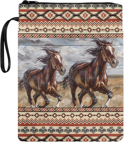 COEQINE Western Horse Book Cover Case Zipper With Pen Holder Pocket Portable Book Organizer Pouch With Pocket For Portable Read Book Dust Cover With Chain