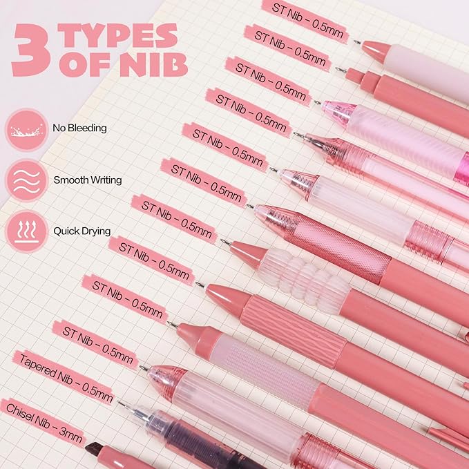 12Pcs Gel Pens Set, 11Pack Gel Pens with 1Pack Highlighter - Fast-Drying Black Ink, Fine Point 0.5mm, Retractable, Cute Pens - Garnet Red Aesthetic Gel Ink Pens for Journaling