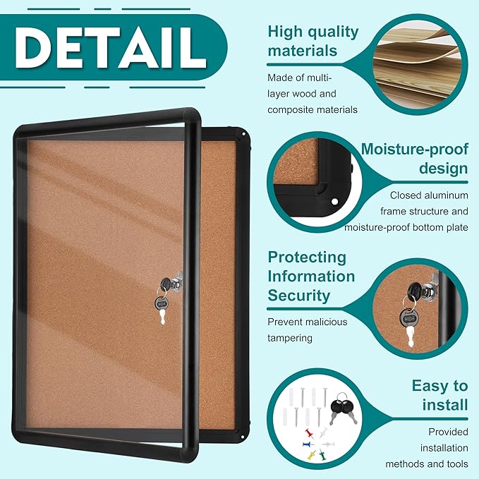 Magula 24"x18" Enclosed Cork Bulletin Board Tamper-Proof Dispaly Case, Black Aluminium Frame, Shatter Resistant Lockable Bulletin Board, Enclosed Cork Board for School, Office,Commercial,Hospital etc
