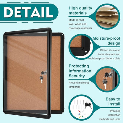 Magula 24"x18" Enclosed Cork Bulletin Board Tamper-Proof Dispaly Case, Black Aluminium Frame, Shatter Resistant Lockable Bulletin Board, Enclosed Cork Board for School, Office,Commercial,Hospital etc