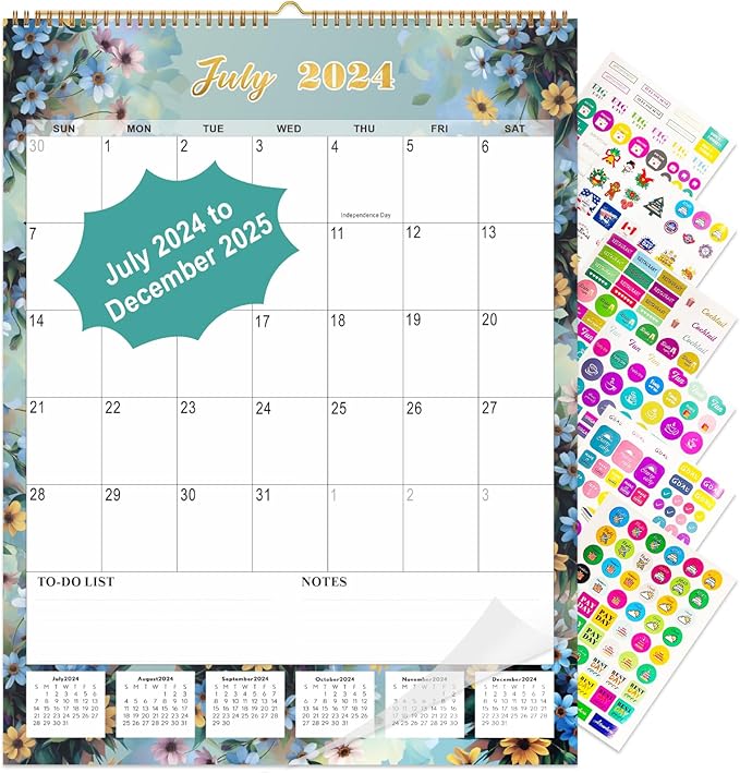 Gannyfer 2025 Wall Calendar, Large Wall Calendar Jul 2024-Dec 2025, 18 Months 17"x22" Yearly Calendar with Plastic Cover, Thick Paper, Monthly Planner Hanging Calendars for Home School, or Office - State Floral (6 Funny Stickers)