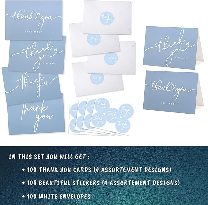 100 Bulk Light blue Thank You Cards with white Envelopes and stickers - 4 Minimalistic Designs Blank Thank You Notes with Envelopes for business Wedding Bridal Gift Baby Shower Business Graduation