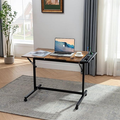 VECELO Vintage Drawing Drafting Table, Adjustable Tilting Top Art Desk Craft Work Station with Pencil Ledge Lockable Slide Rolling Wheels for Painting Diamond Reading Writing Study, Rustic Brown