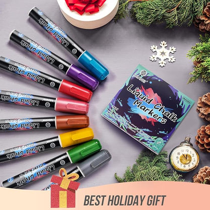 Metallic Chalk Markers Erasable for Chalkboard, Liquid Chalk Marker 8 Colors with 6mm Reversible Bullet & Chisel Tip, Dust Free Chalk Pens for Window, Blackboard, Whiteboard, Calendar, Mirror, Glass