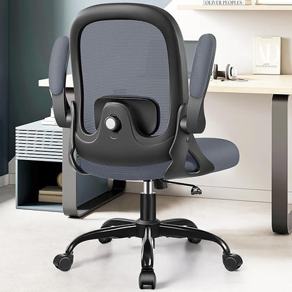 Office Chair Ergonomic Desk Chair with Adjustable 3D Lumbar Support and Height, Comfy Mesh Computer Chair with Flip-up Armrests, Swivel Rolling Task Chair with Wheels (Dark Gray)