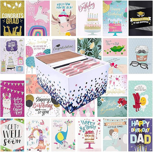 100 All Occasion Greeting Cards- 100 Eye Catching Designs with Organizer Box- Friendship /Anniversary Cards, BFF Cards, Thanks Cards, Wedding Cards & More- 4 x 6 with 100 Envelopes