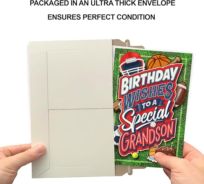 Prime Greetings Grandson Birthday Card, Made in America, Eco-Friendly, Thick Card Stock with Premium Envelope 5in x 7.75in, Packaged in Protective Mailer